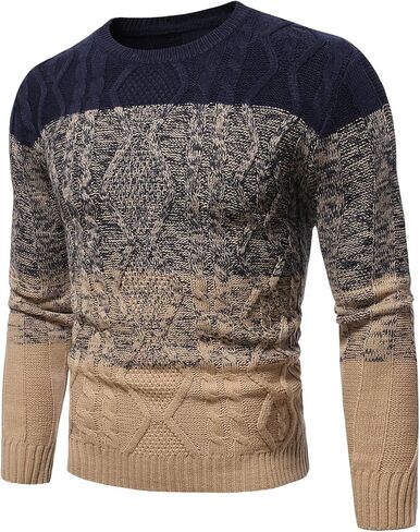 Floerns Men's Casual Color Block Long Sleeve Cable Knit Pullover Sweater in Kuwait