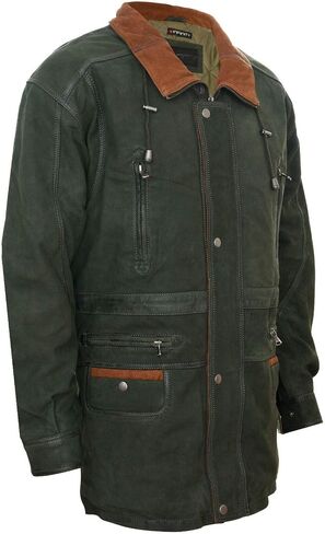 Infinity Leather Men's Classic Green Contrast Soft Supple Suede Buff Overcoat Parka Winter Outdoor Jacket Regular Fit in Kuwait