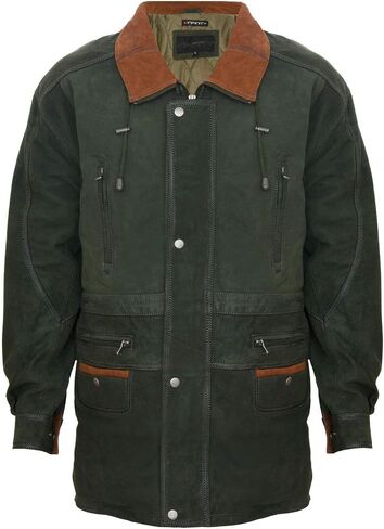 Infinity Leather Men's Classic Green Contrast Soft Supple Suede Buff Overcoat Parka Winter Outdoor Jacket Regular Fit in Kuwait