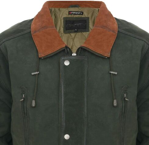 Infinity Leather Men's Classic Green Contrast Soft Supple Suede Buff Overcoat Parka Winter Outdoor Jacket Regular Fit in Kuwait