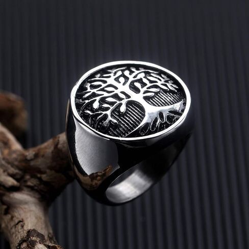 INRENG Men's Stainless Steel Tree of Life Ring Vintage Classic Round Signet Biker Band Christmas Wedding Rings in Saudi Arabia