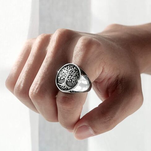 INRENG Men's Stainless Steel Tree of Life Ring Vintage Classic Round Signet Biker Band Christmas Wedding Rings in Saudi Arabia