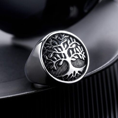 INRENG Men's Stainless Steel Tree of Life Ring Vintage Classic Round Signet Biker Band Christmas Wedding Rings in Saudi Arabia