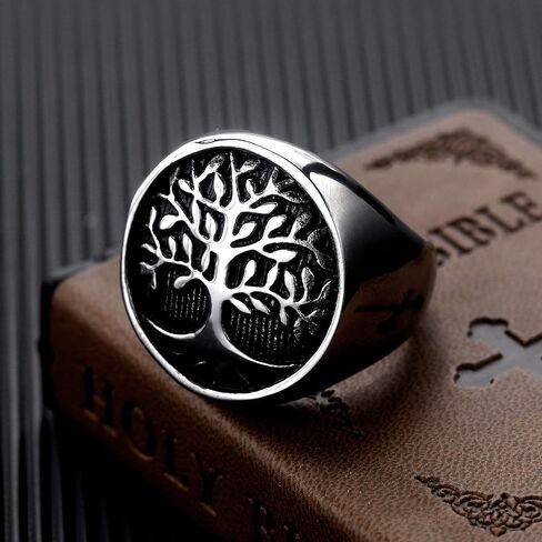 INRENG Men's Stainless Steel Tree of Life Ring Vintage Classic Round Signet Biker Band Christmas Wedding Rings in Saudi Arabia