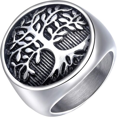INRENG Men's Stainless Steel Tree of Life Ring Vintage Classic Round Signet Biker Band Christmas Wedding Rings in Saudi Arabia