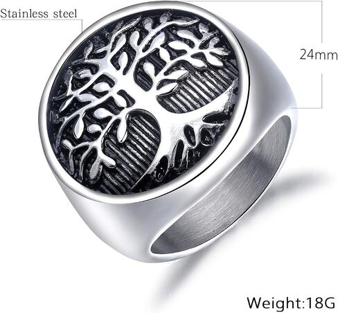 INRENG Men's Stainless Steel Tree of Life Ring Vintage Classic Round Signet Biker Band Christmas Wedding Rings in Saudi Arabia
