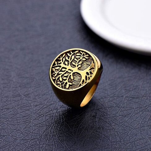 INRENG Men's Stainless Steel Tree of Life Ring Vintage Classic Round Signet Biker Band Christmas Wedding Rings in Saudi Arabia