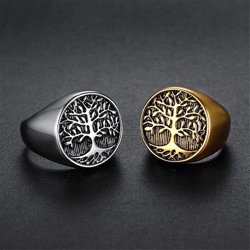 INRENG Men's Stainless Steel Tree of Life Ring Vintage Classic Round Signet Biker Band Christmas Wedding Rings in Saudi Arabia