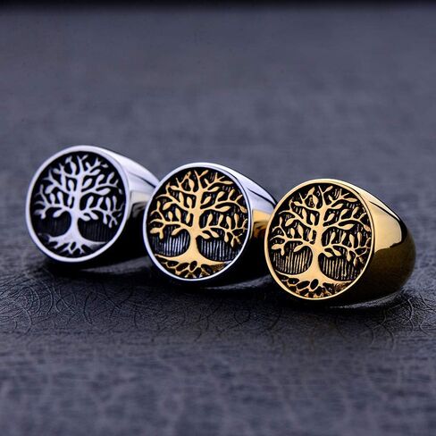INRENG Men's Stainless Steel Tree of Life Ring Vintage Classic Round Signet Biker Band Christmas Wedding Rings in Saudi Arabia