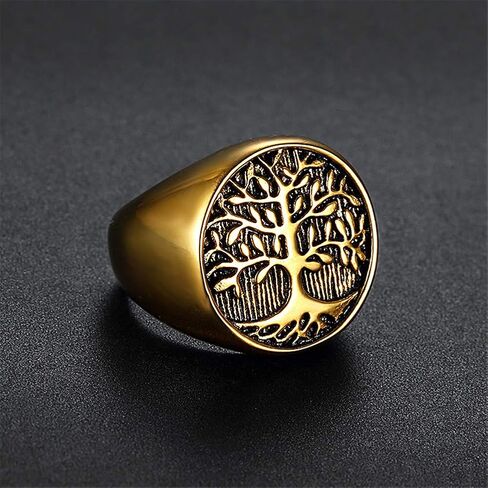 INRENG Men's Stainless Steel Tree of Life Ring Vintage Classic Round Signet Biker Band Christmas Wedding Rings in Saudi Arabia