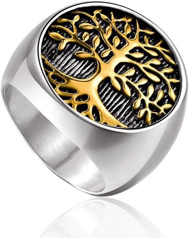 INRENG Men's Stainless Steel Tree of Life Ring Vintage Classic Round Signet Biker Band Christmas Wedding Rings in Saudi Arabia