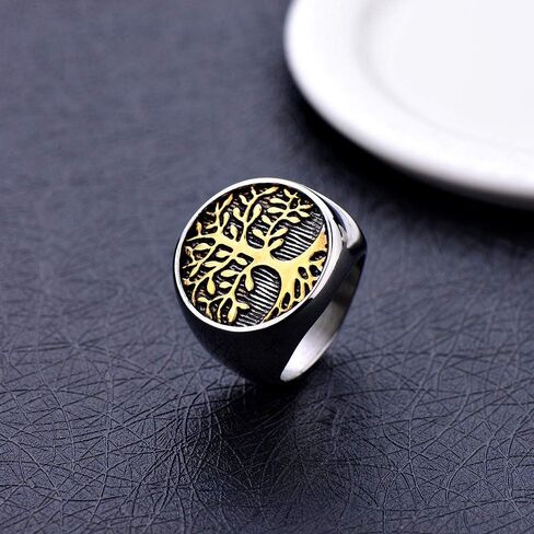 INRENG Men's Stainless Steel Tree of Life Ring Vintage Classic Round Signet Biker Band Christmas Wedding Rings in Saudi Arabia