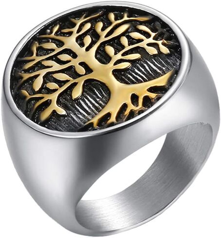 INRENG Men's Stainless Steel Tree of Life Ring Vintage Classic Round Signet Biker Band Christmas Wedding Rings in Saudi Arabia
