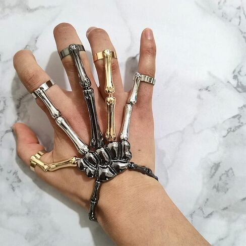 YERTTER Halloween Skull Skeleton Hand Bracelet with Ring Handmade Wristband Skull Fingers Metal Hand Bracelet Adjustable for Women Men Gifts in Saudi Arabia