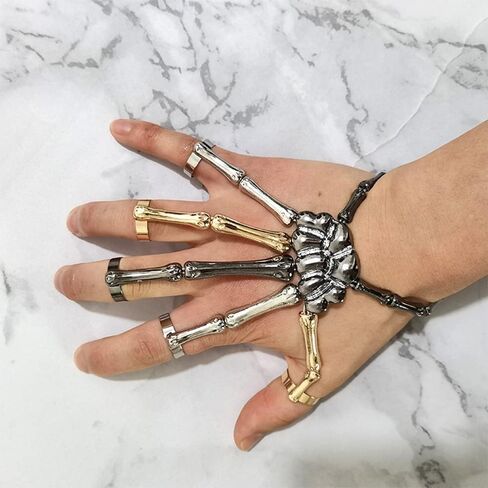 YERTTER Halloween Skull Skeleton Hand Bracelet with Ring Handmade Wristband Skull Fingers Metal Hand Bracelet Adjustable for Women Men Gifts in Saudi Arabia