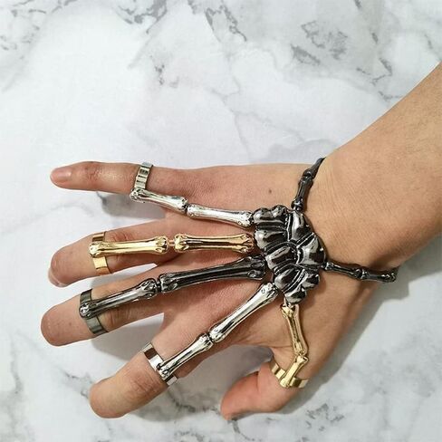 YERTTER Halloween Skull Skeleton Hand Bracelet with Ring Handmade Wristband Skull Fingers Metal Hand Bracelet Adjustable for Women Men Gifts in Saudi Arabia