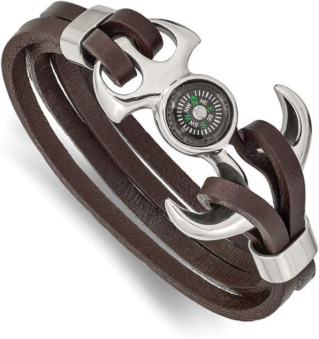 Solid Stainless Steel Men's Functional Compass Brown Leather 8.5in Bracelet 8.5" (Width = 16mm) in Saudi Arabia