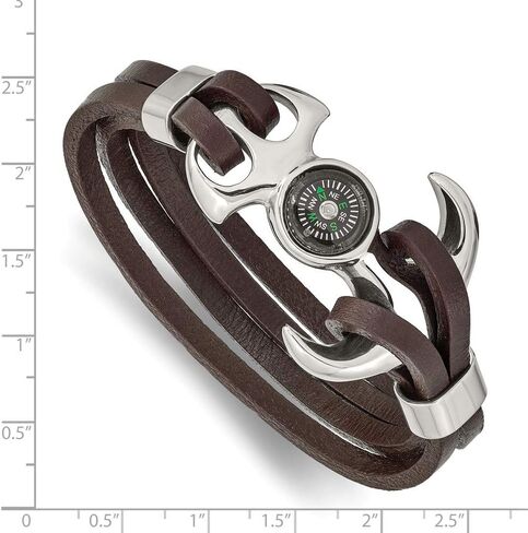 Solid Stainless Steel Men's Functional Compass Brown Leather 8.5in Bracelet 8.5" (Width = 16mm) in Saudi Arabia