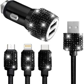 Bling Dual USB Car Charger, Rhinestone 3-in-1 Cable, Red in Kuwait