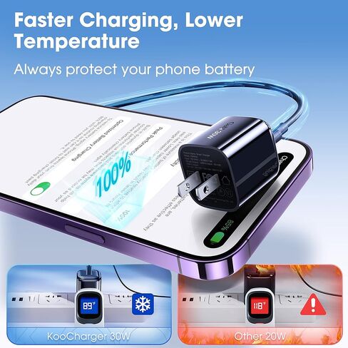 [30 واط GaN III] [لا يسخن] شاحن iPhone بلوك شحن سريع CASEKOO KooCharger شاحن حائط USB C مزدوج لهاتف iPhone 14/14 Pro/14 Pro Max/14 Plus والمزيد (أسود) in Kuwait