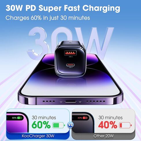 [30 واط GaN III] [لا يسخن] شاحن iPhone بلوك شحن سريع CASEKOO KooCharger شاحن حائط USB C مزدوج لهاتف iPhone 14/14 Pro/14 Pro Max/14 Plus والمزيد (أسود) in Kuwait