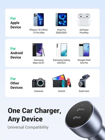 شاحن سيارة يو جرين USB C، شاحن سيارة 40 وات من النوع C PD 20 وات وPD 20 وات محول شاحن سيارة سريع مزدوج المنفذ متوافق مع iPhone 14/13/12/11، iPad Pro/Mini/Air، Galaxy S22/S21/S20/S10/Note 20، بكسل 5/4/3 in Saudi Arabia