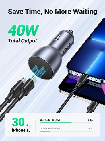 شاحن سيارة يو جرين USB C، شاحن سيارة 40 وات من النوع C PD 20 وات وPD 20 وات محول شاحن سيارة سريع مزدوج المنفذ متوافق مع iPhone 14/13/12/11، iPad Pro/Mini/Air، Galaxy S22/S21/S20/S10/Note 20، بكسل 5/4/3 in Saudi Arabia