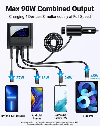 شاحن سيارة سريع بـ 4 منافذ من ACEFAST بحد أقصى 90 وات مع شاشة رقمية LED، ومحول محور USB متعدد المنافذ شحن سريع مع مخرج ولاعة سجائر 60 وات للهواتف المحمولة in Kuwait