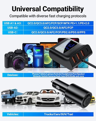 شاحن سيارة سريع بـ 4 منافذ من ACEFAST بحد أقصى 90 وات مع شاشة رقمية LED، ومحول محور USB متعدد المنافذ شحن سريع مع مخرج ولاعة سجائر 60 وات للهواتف المحمولة in Kuwait