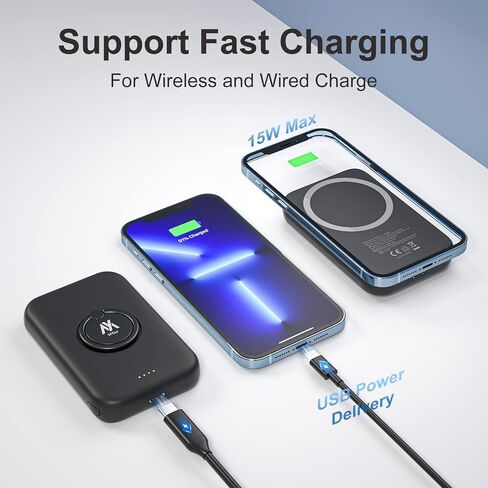 MYao Magnetic Wireless Power Bank, 5000mAh Mini Portable Charger with Finger Holder, Battery Pack USB C, Compatible with iPhone 14/14 Pro / 14 Pro Max / 14 Plus and iPhone 13/12 Series in Saudi Arabia