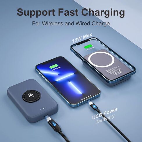 MYao Magnetic Wireless Power Bank, 5000mAh Mini Portable Charger with Finger Holder, Battery Pack USB C, Compatible with iPhone 14/14 Pro / 14 Pro Max / 14 Plus and iPhone 13/12 Series in Saudi Arabia