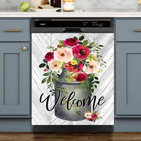 Sportman Spring Flower Kitchen Dishwasher Stickers Kitchen Decoration,Vase Still Life Magnetic Dishwasher Panel Cover Decal,Floral Dishwasher Magnet Cover（23 x 26 inch in Saudi Arabia