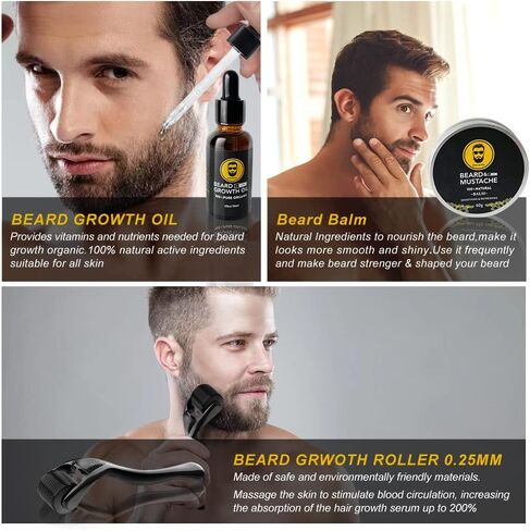 Beard Growth Kit - Beard Kit Gifts Set with 0.25mm Beard Roller, Beard Growth Serum Oil , Beard Balm and Comb, Help Beard and Hair Growth - Gifts for Men Dad Him Boyfriend Husband Brother in Saudi Arabia