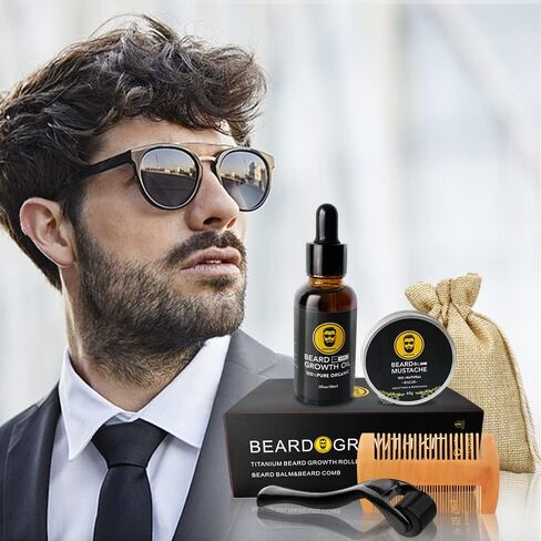 Beard Growth Kit - Beard Kit Gifts Set with 0.25mm Beard Roller, Beard Growth Serum Oil , Beard Balm and Comb, Help Beard and Hair Growth - Gifts for Men Dad Him Boyfriend Husband Brother in Saudi Arabia