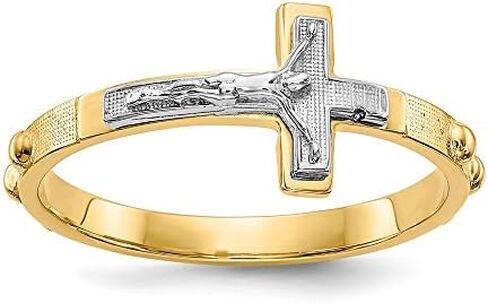 Solid 14k Yellow and White Gold Two Tone Crucifix Cross Rosary Ring Band in Saudi Arabia