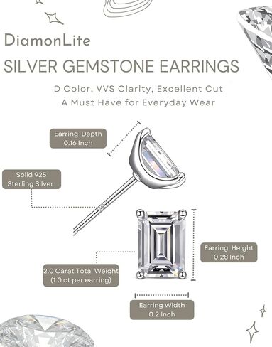 DIAMONLITE 2 Ct Cubic Zirconia Stud Earrings for Women and Men, D Color VVS Clarity Excellent Cut, Rhodium Plated 925 Sterling Silver Lab Created Simulated Diamond Earrings for Women and Men - Mens and Womens Silver CZ Studs in Saudi Arabia