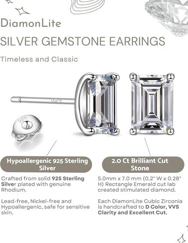 DIAMONLITE 2 Ct Cubic Zirconia Stud Earrings for Women and Men, D Color VVS Clarity Excellent Cut, Rhodium Plated 925 Sterling Silver Lab Created Simulated Diamond Earrings for Women and Men - Mens and Womens Silver CZ Studs in Saudi Arabia