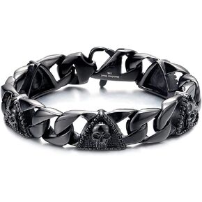 Mens Steel Curb Chain Bracelet with Skull and Dotted Triangle Charms, Biker Gothic, Vintage Polished in Saudi Arabia