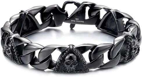 Mens Steel Curb Chain Bracelet with Skull and Dotted Triangle Charms, Biker Gothic, Vintage Polished in Saudi Arabia