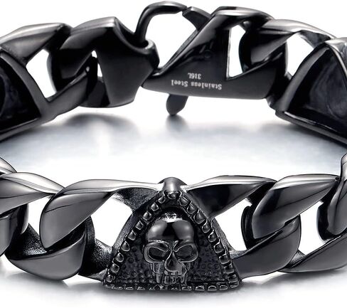 Mens Steel Curb Chain Bracelet with Skull and Dotted Triangle Charms, Biker Gothic, Vintage Polished in Saudi Arabia
