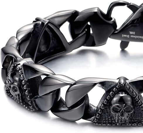 Mens Steel Curb Chain Bracelet with Skull and Dotted Triangle Charms, Biker Gothic, Vintage Polished in Saudi Arabia