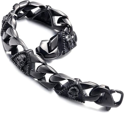 Mens Steel Curb Chain Bracelet with Skull and Dotted Triangle Charms, Biker Gothic, Vintage Polished in Saudi Arabia