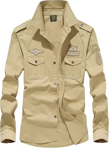 Ymosrh Button Down Shirt Men Men's Casual Embroidery Military Pure Color Pocket Long Sleeve Shirt Tops Shirt in Kuwait