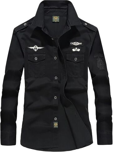 Ymosrh Button Down Shirt Men Men's Casual Embroidery Military Pure Color Pocket Long Sleeve Shirt Tops Shirt in Kuwait