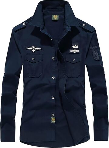 Ymosrh Button Down Shirt Men Men's Casual Embroidery Military Pure Color Pocket Long Sleeve Shirt Tops Shirt in Kuwait