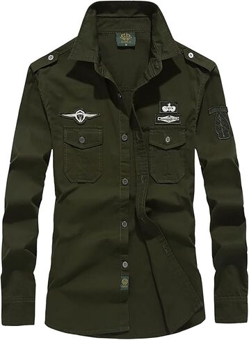 Ymosrh Button Down Shirt Men Men's Casual Embroidery Military Pure Color Pocket Long Sleeve Shirt Tops Shirt in Kuwait