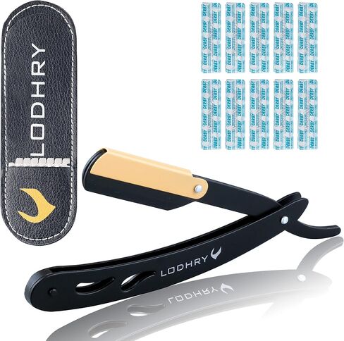 LODHRY Professional Straight Edge Shaving Razor Barber Shaving Razors For Men + Single Blades, Men's Manual Shaver Salon Quality Cut Throat Shavette Navajas Para Barbero Matte Black, 11 Piece Set in Saudi Arabia