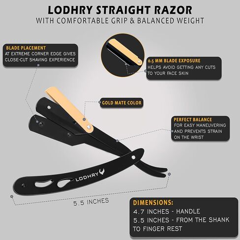 LODHRY Professional Straight Edge Shaving Razor Barber Shaving Razors For Men + Single Blades, Men's Manual Shaver Salon Quality Cut Throat Shavette Navajas Para Barbero Matte Black, 11 Piece Set in Saudi Arabia
