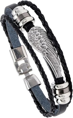 Heavstjer Punk Feather Bracelet Braided Leather Wristband Wrap Cuff Bracelet in Kuwait