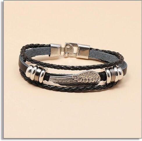 Heavstjer Punk Feather Bracelet Braided Leather Wristband Wrap Cuff Bracelet in Kuwait